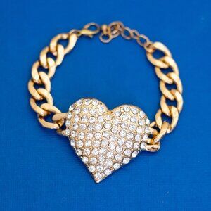 8 inch, Vintage Clear Rhinestones Gold Tone Curb Links Bracelet - D43